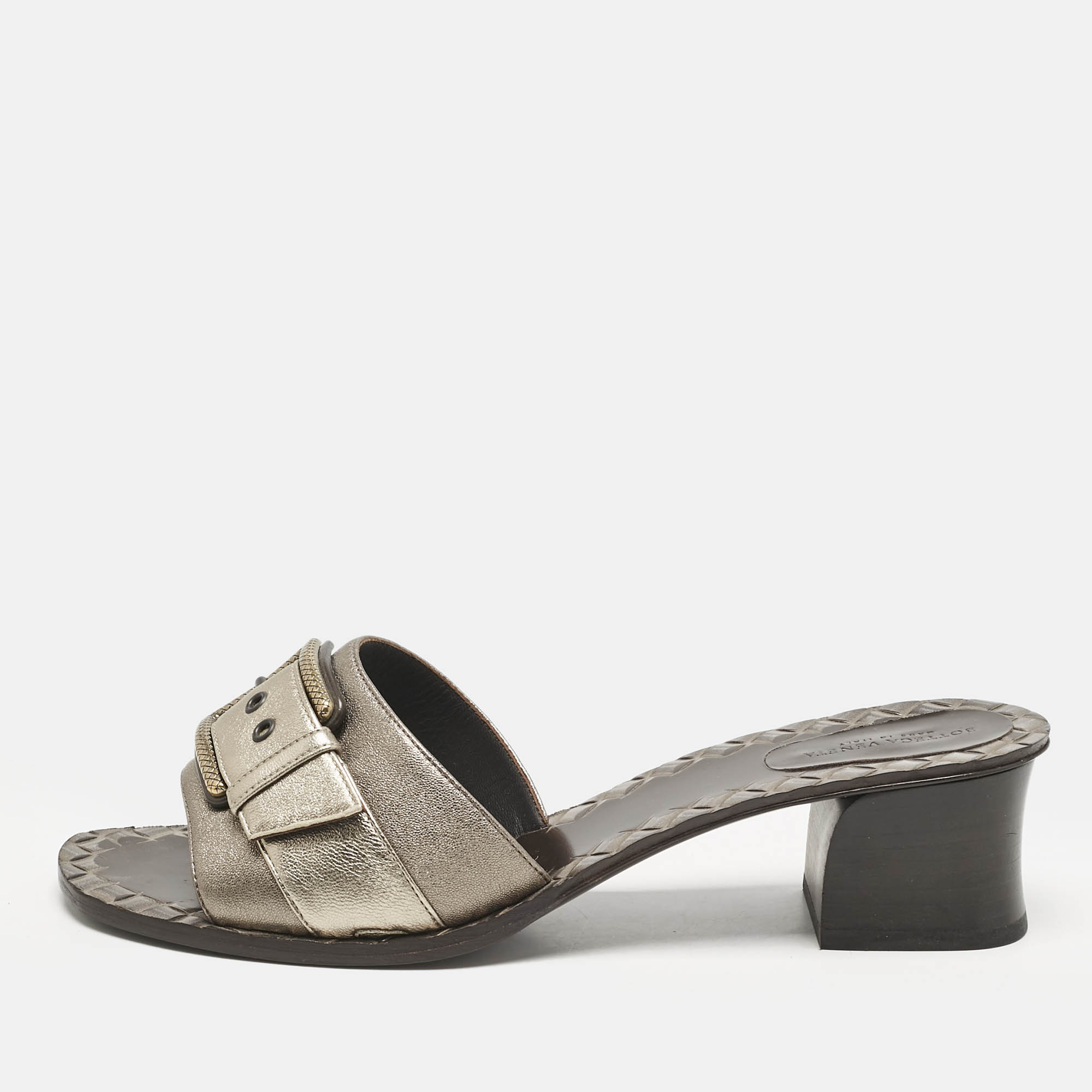 

Bottega Veneta Metallic Leather Buckle Slide Sandals Size