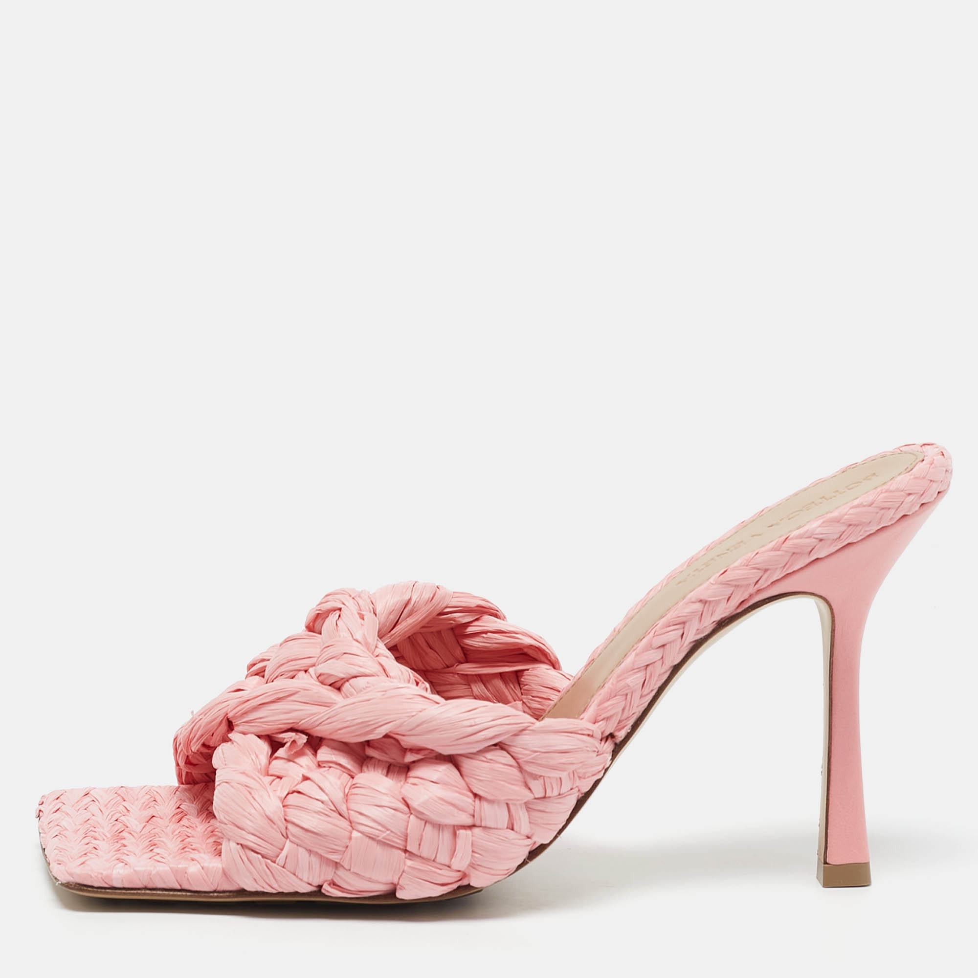 

Bottega Veneta Pink Inteciato Raffia Stretch Slide Sandals Size