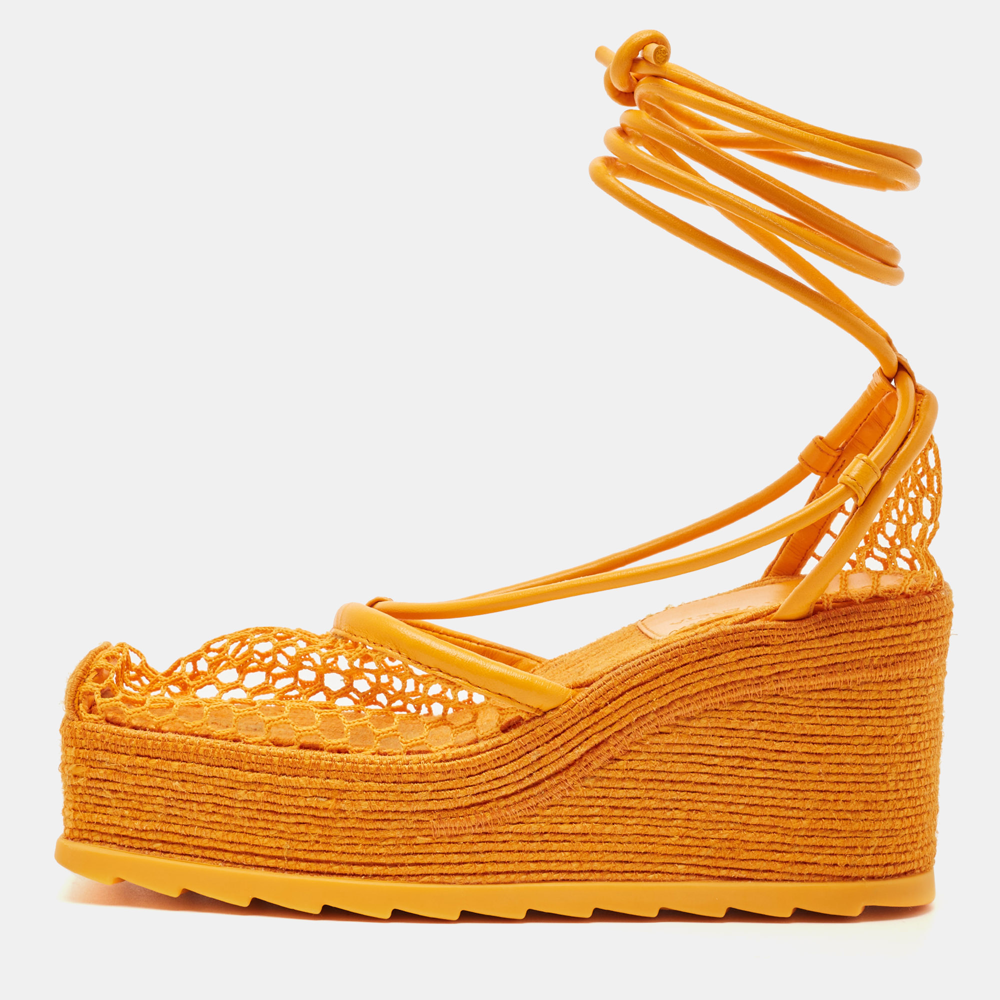 Bottega Veneta Orange Mesh and Leather Wedge Espadrilles Ankle Tie Sandals Size 36