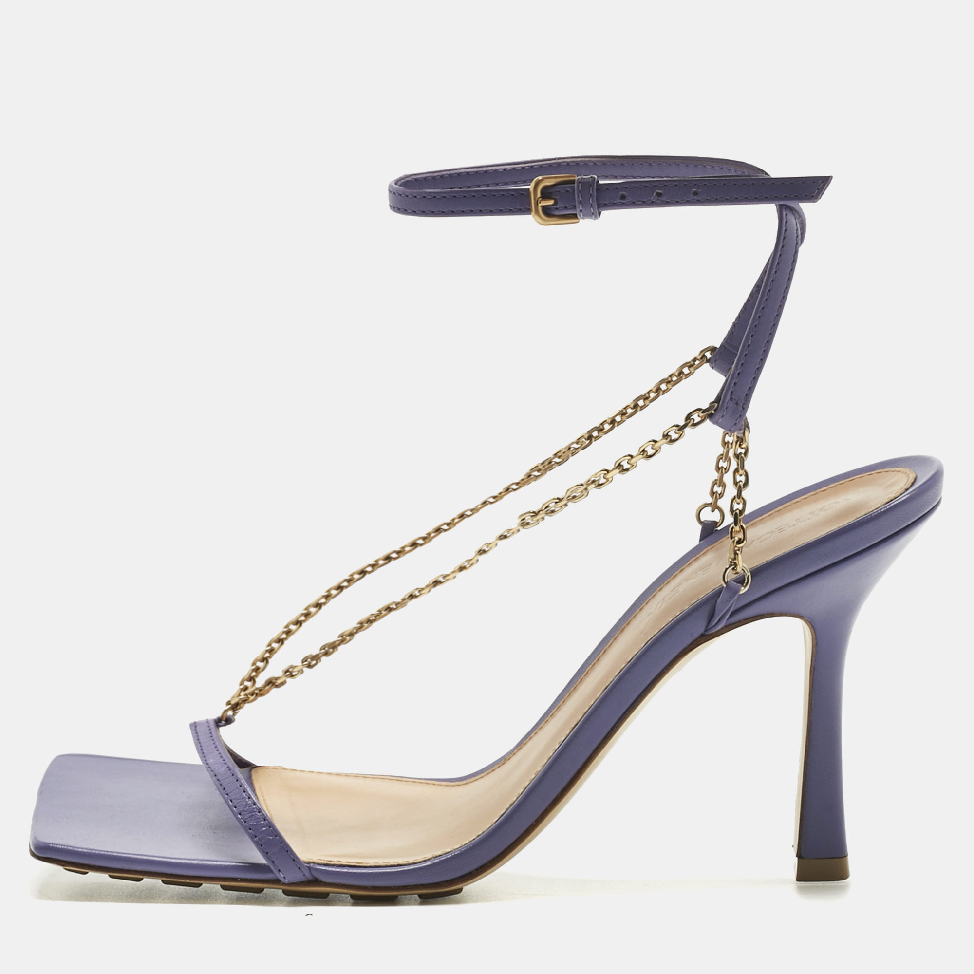 

Bottega Veneta Purple Leather Chain Stretch Ankle Strap Sandals Size