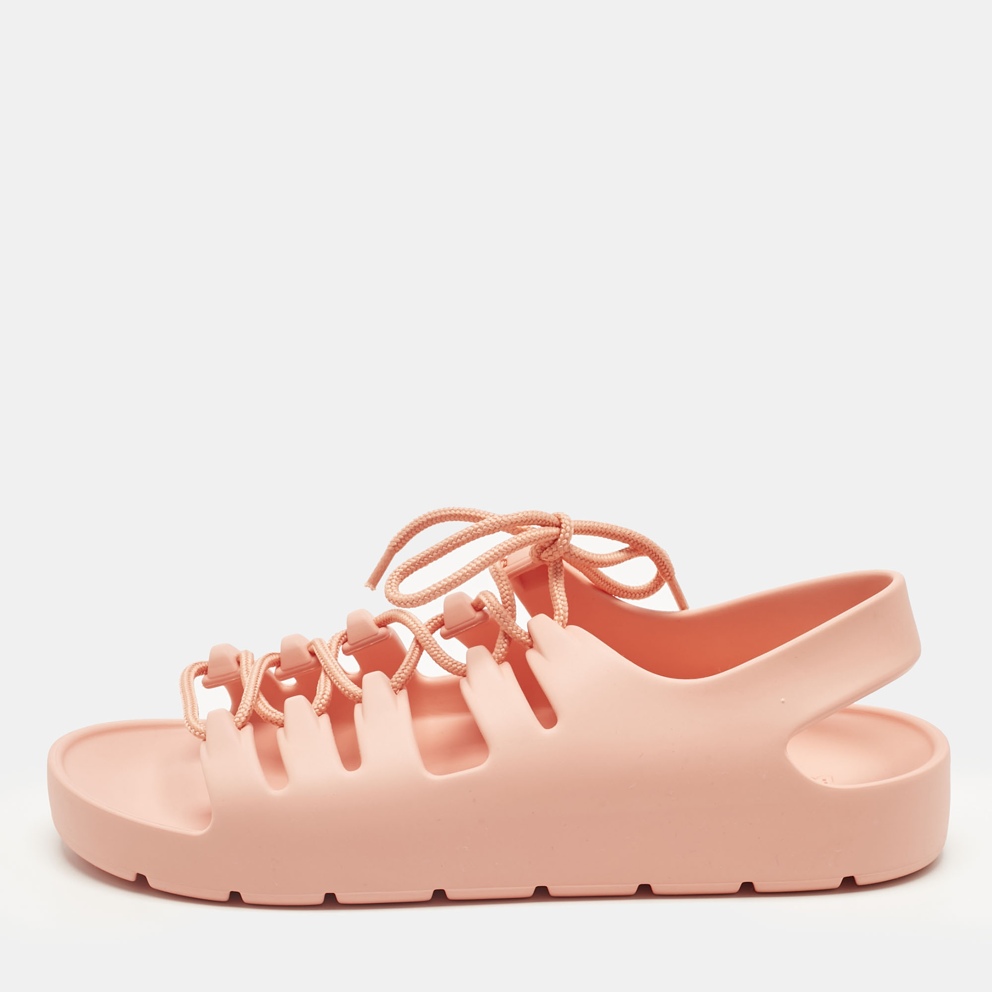 Pre-owned Bottega Veneta Orange Jelly Lace Flat Sandals Size 40