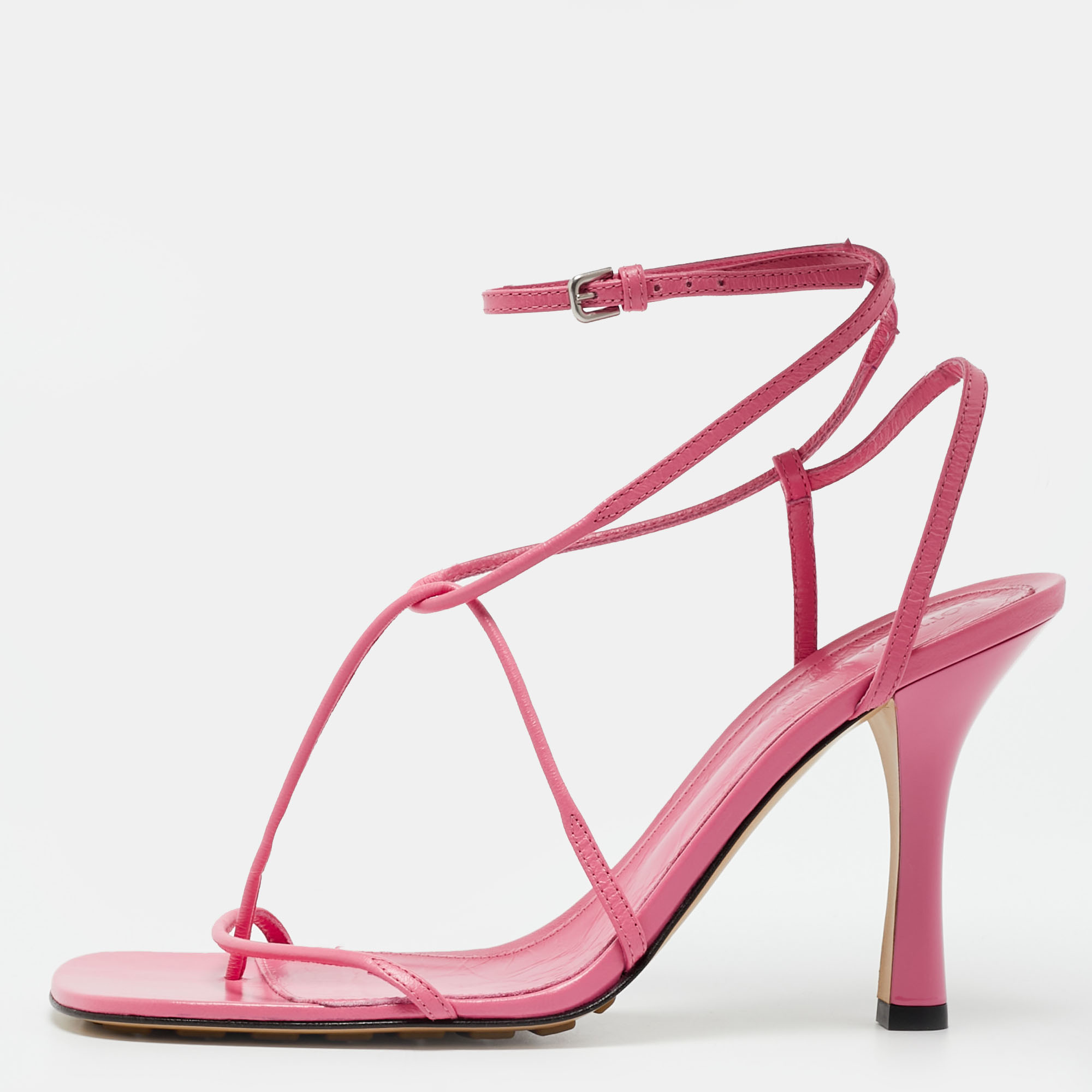 

Bottega Veneta Pink Leather Square Toe Ankle Strap Sandals Size