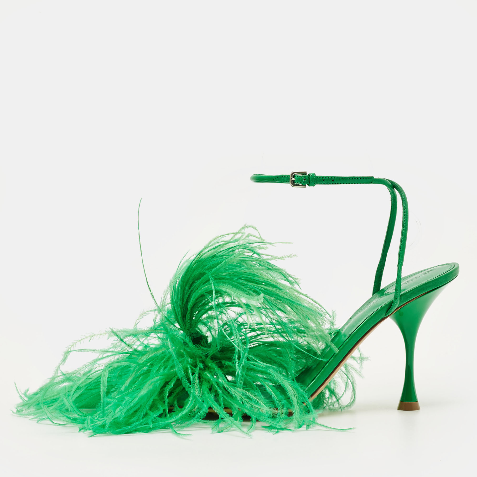 Pre-owned Bottega Veneta Dot Size 39 Green Fur And Leather Ankle Strap Sandals