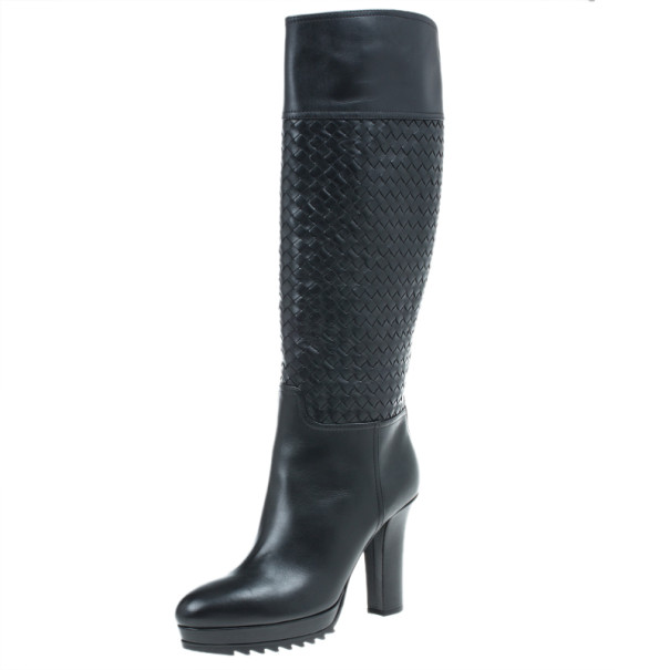 Pre Owned Bottega Veneta Black Leather Intrecciato Platform Knee Boots Size 40