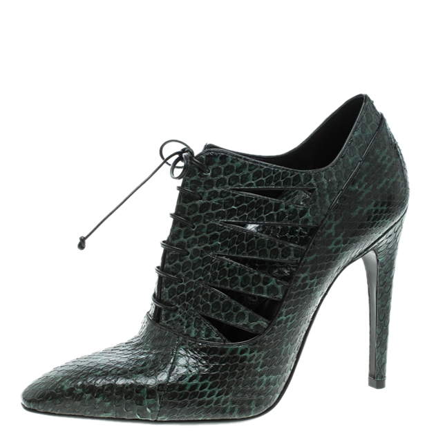 مملوكة مسبقًا Bottega Veneta Green Python Leather Cutout Lace-Up Ankle Boots Size 38