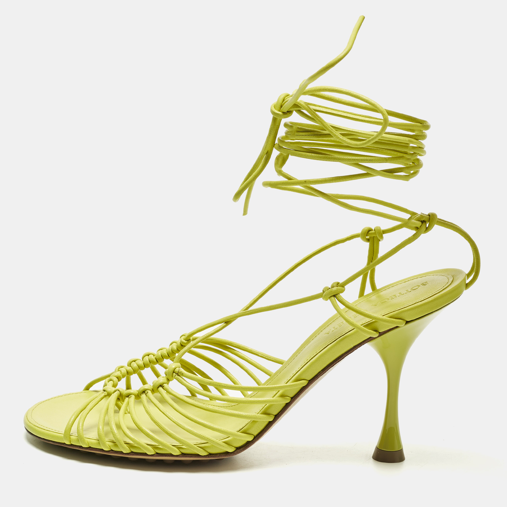

Bottega Veneta Lagoon Dot Size  Green Leather Ankle Strap Sandals