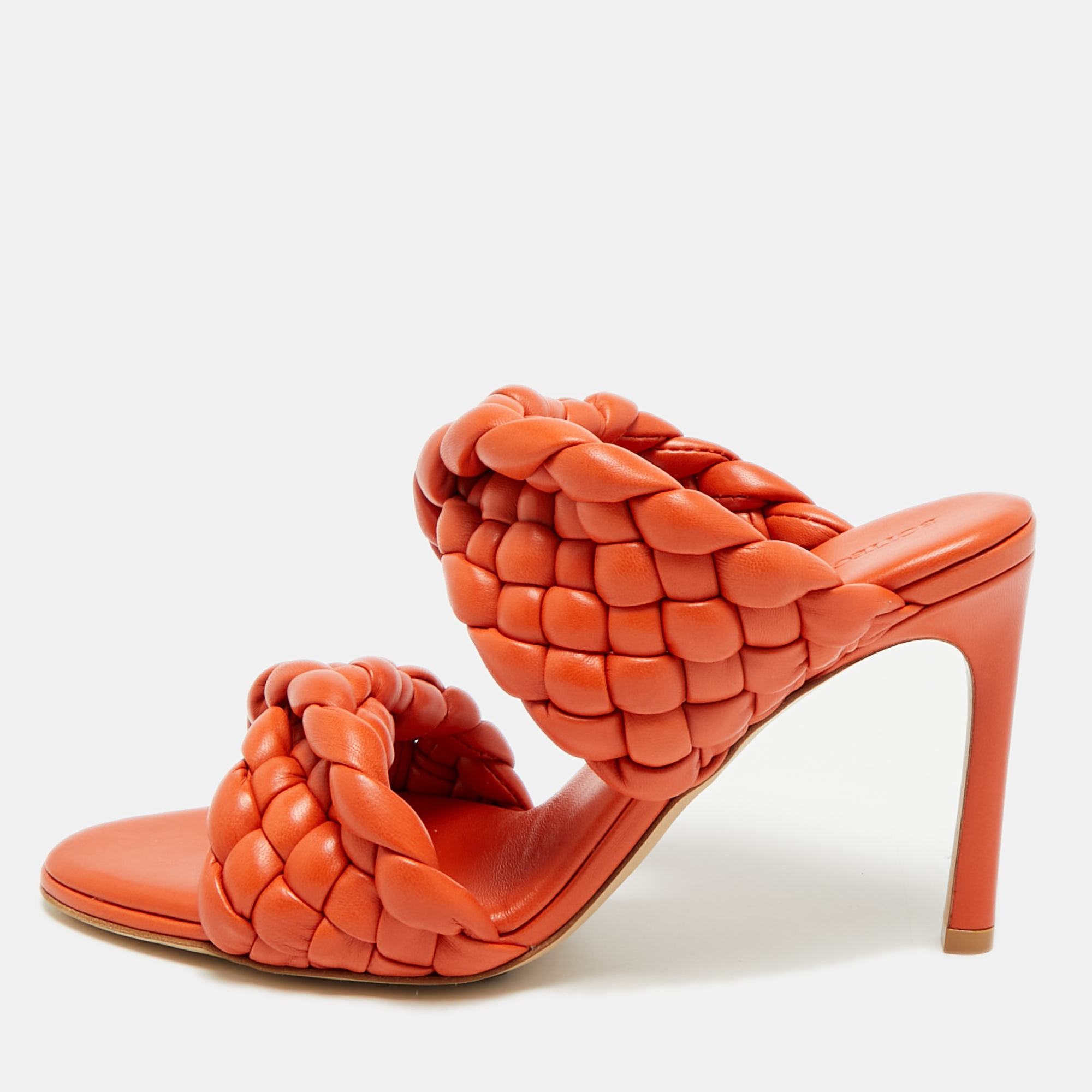 

Bottega Veneta Curve Size  Orange Intrecciato Leather Slide Sandals
