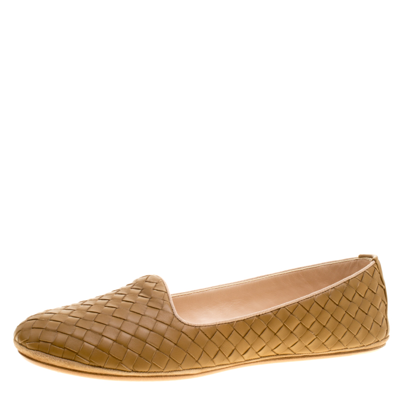 Pre Owned Bottega Veneta Dark Beige Intrecciato Leather Flats Size 40.5