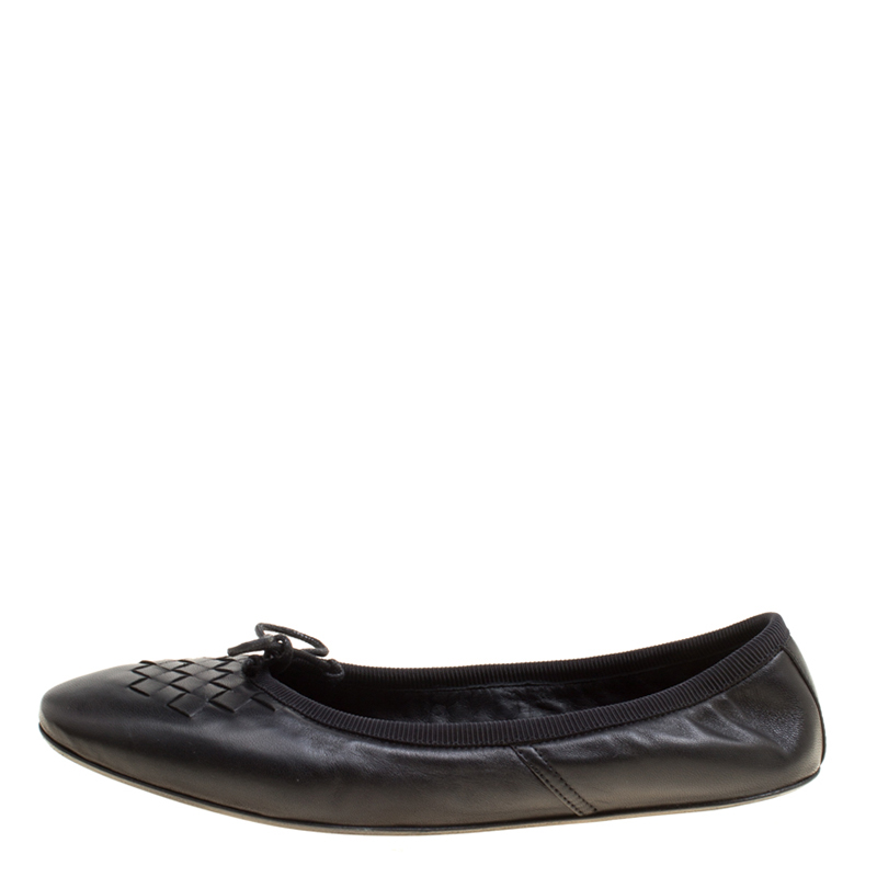 

Bottega Veneta Black Intrecciato Detail Leather Bow Ballet Flats Size