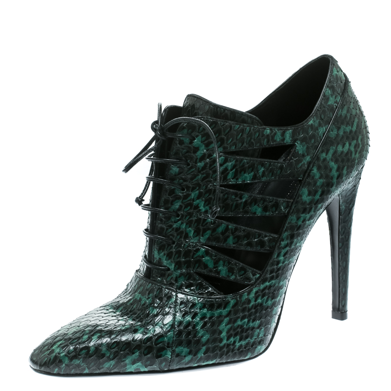 Bottega Veneta Green Python Leather Cutout Lace-Up Ankle Boots Size 40 ...