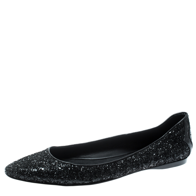 Bottega Veneta Metallic Black Glitter Intrecciato Leather Trim Pointed Toe Ballet Flats Size 38