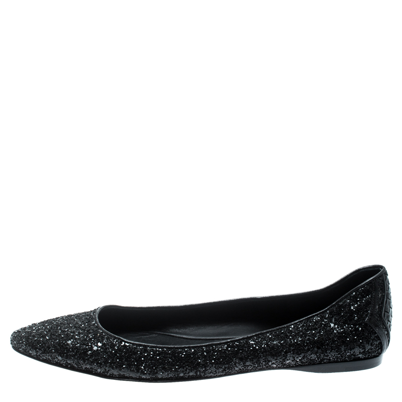 

Bottega Veneta Metallic Black Glitter Intrecciato Leather Trim Pointed Toe Ballet Flats Size