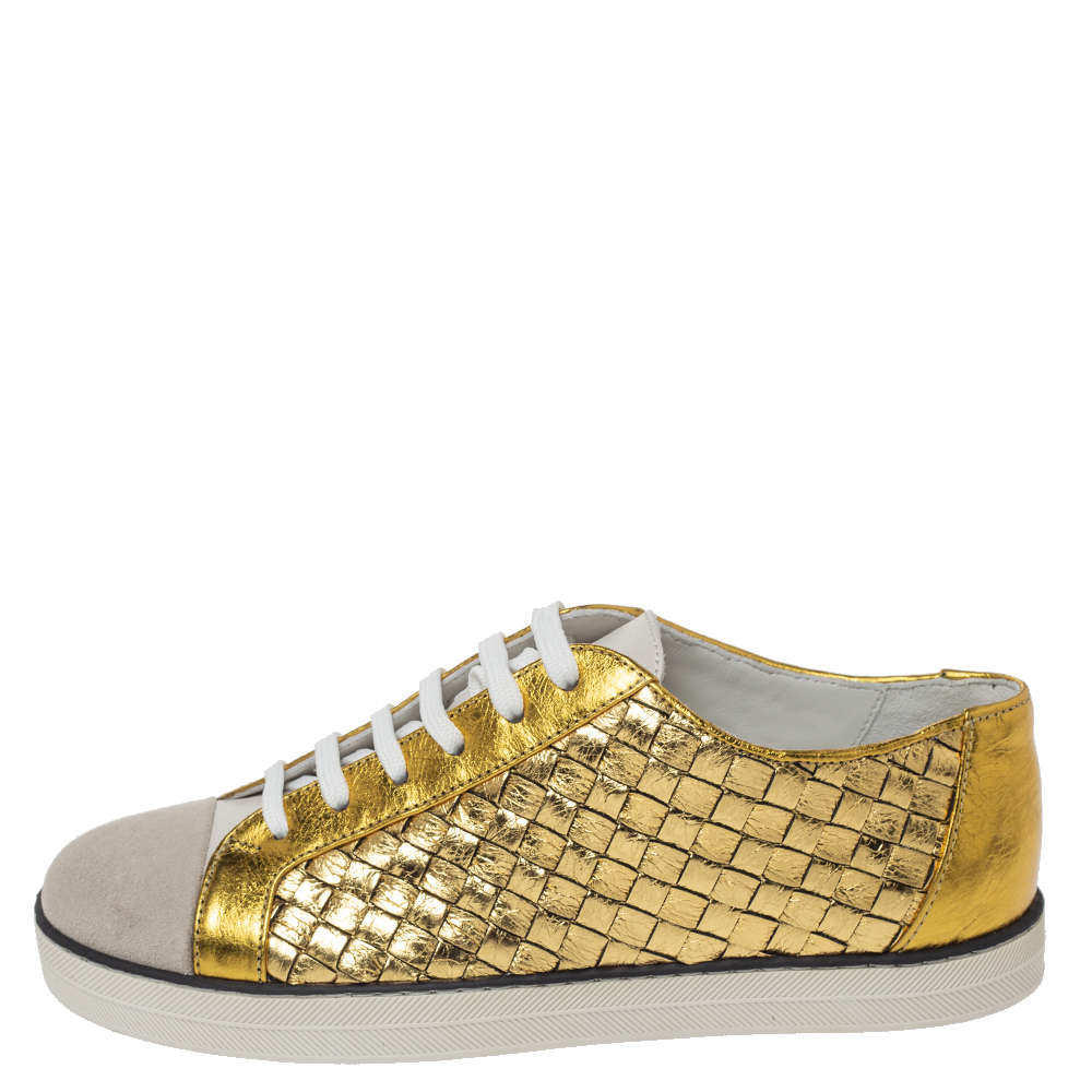 

Bottega Veneta Metallic Gold Intrecciato Leather And Suede Cap Toe Low Top Sneakers Size