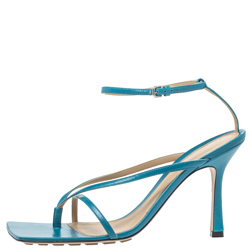 

Bottega Veneta Blue Leather Square Toe Ankle Strap Sandals Size