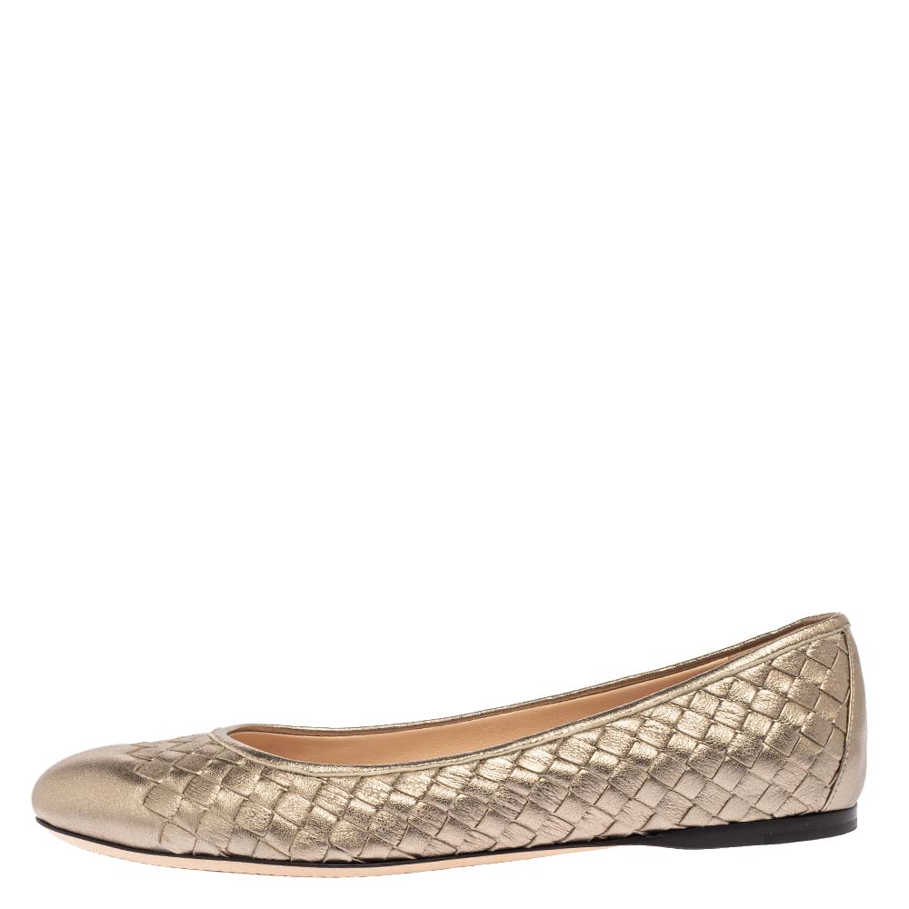 

Bottega Veneta Metallic Gold Intrecciato Leather Ballet Flats Size