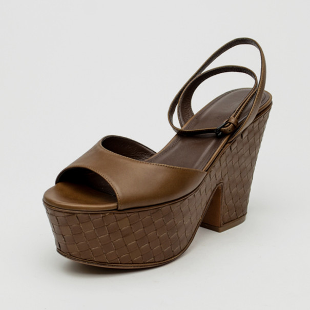 Pre Owned Bottega Veneta Brown Leather Intrecciato Platform Sandals Size 39 