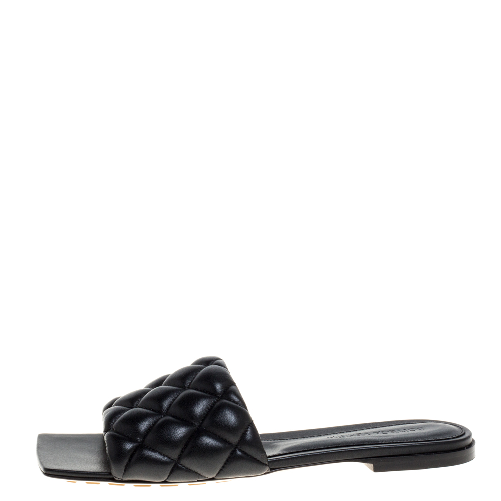 

Bottega Veneta Black Quitled Leather Padded Flat Slide Sandals Size