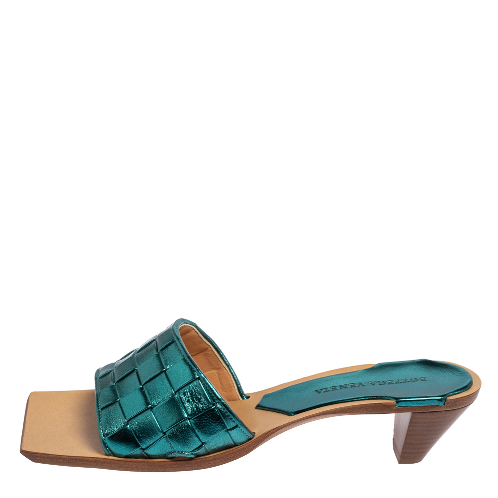 

Bottega Veneta Metallic Blue Intrecciato Slide Sandals Size