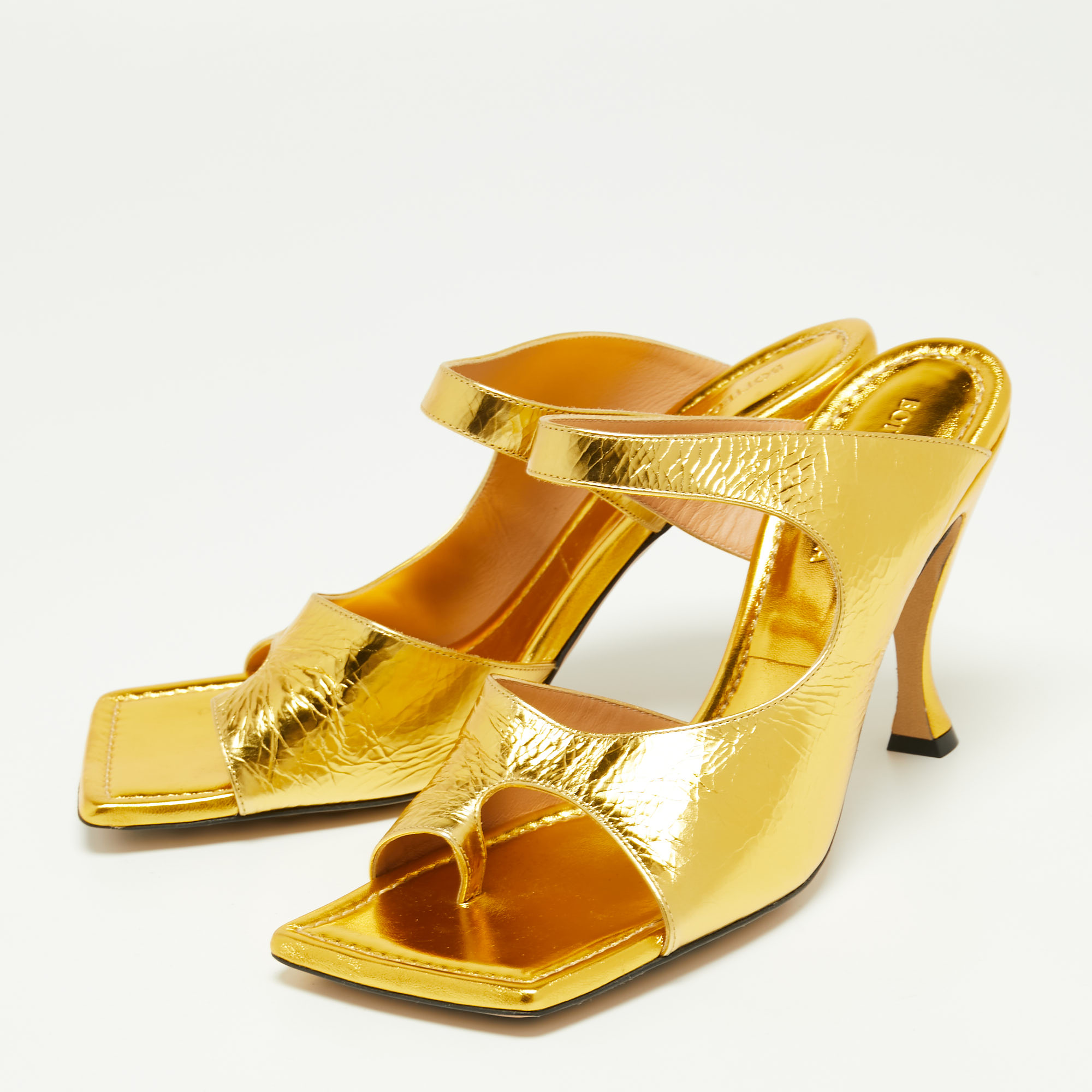 

Bottega Veneta Gold Leather Vitello Lamé Square-Toe Sandals Size