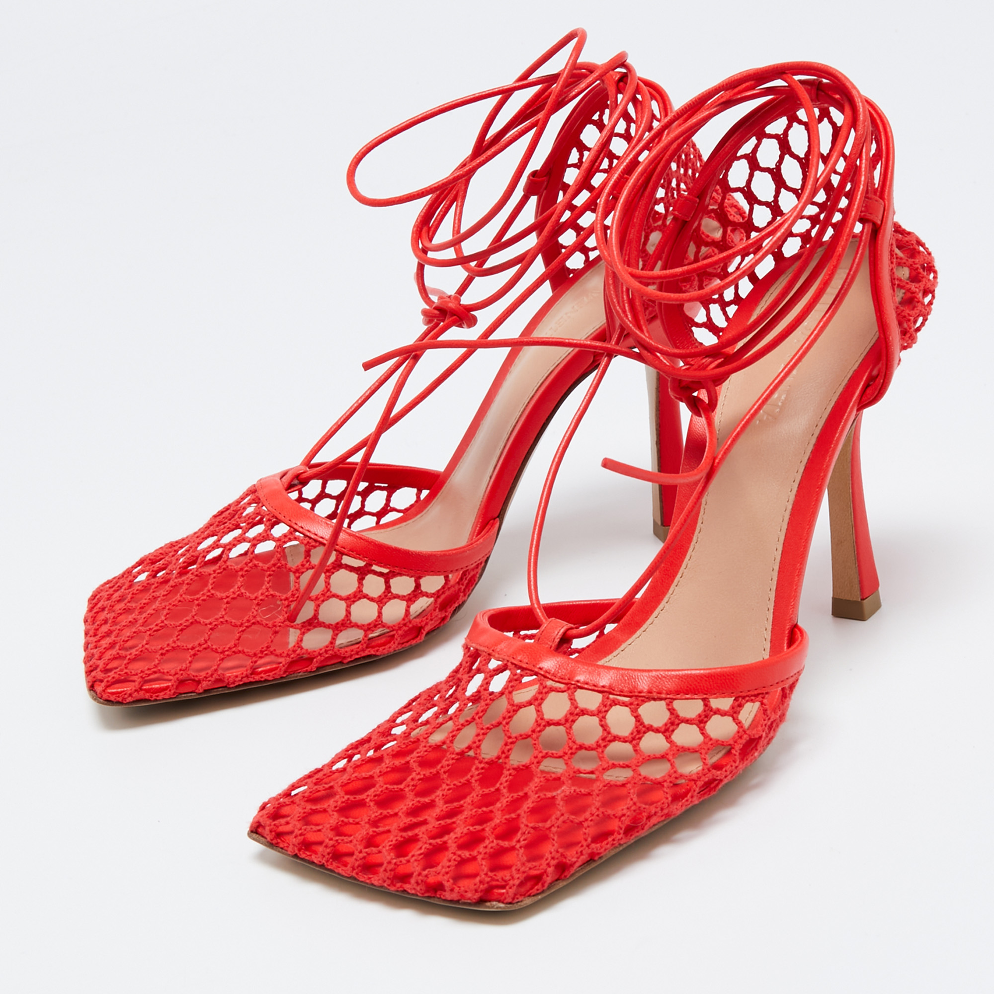 

Bottega Veneta Coral Red Mesh and Leather Stretch Wrap Around Pumps Size