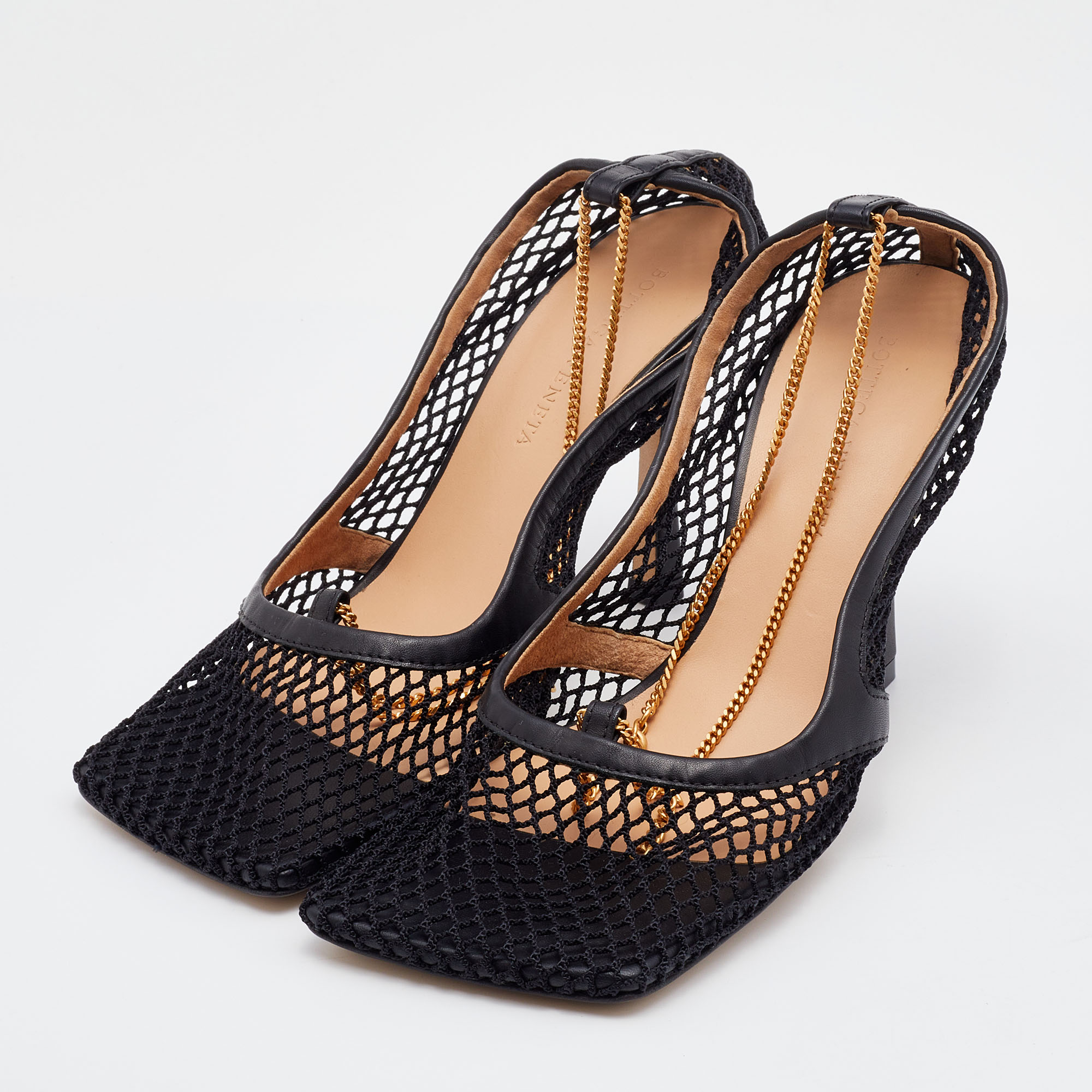 

Bottega Veneta Black Mesh and Leather Stretch Ankle Strap Pumps Size