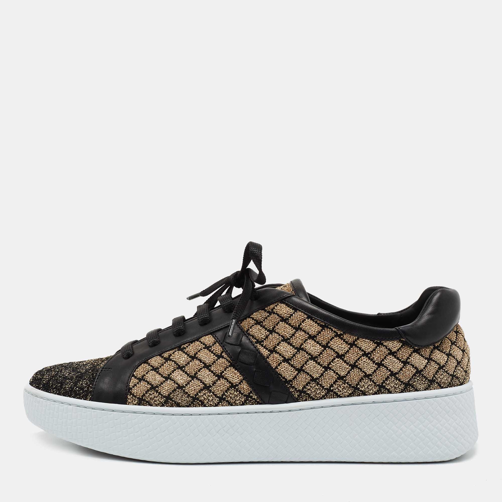 Pre Owned Bottega Veneta Black/Gold Woven Fabric and Leather Lace Low Top Sneakers Size 40