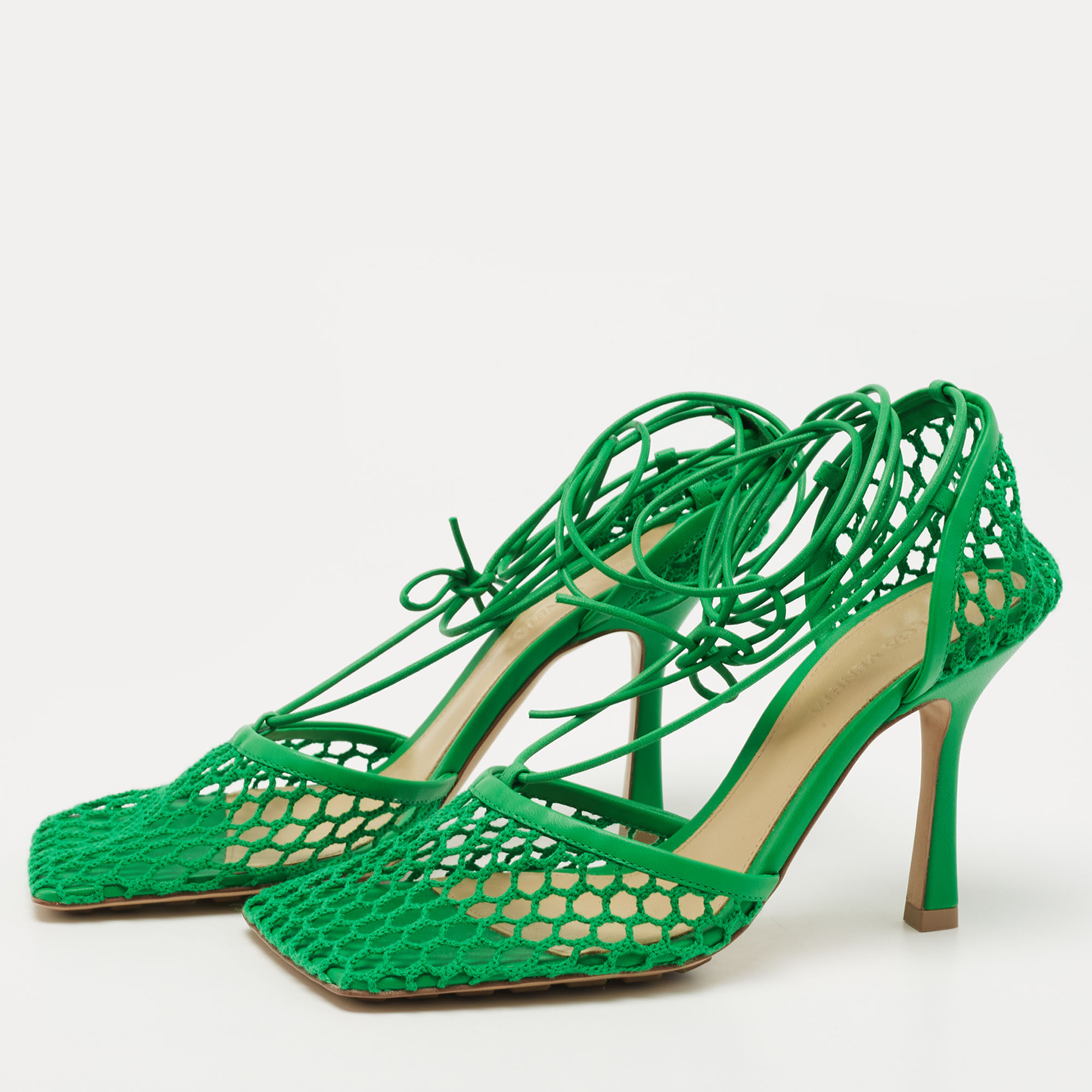 

Bottega Veneta Green Mesh and Leather Stretch Ankle Wrap Pumps Size