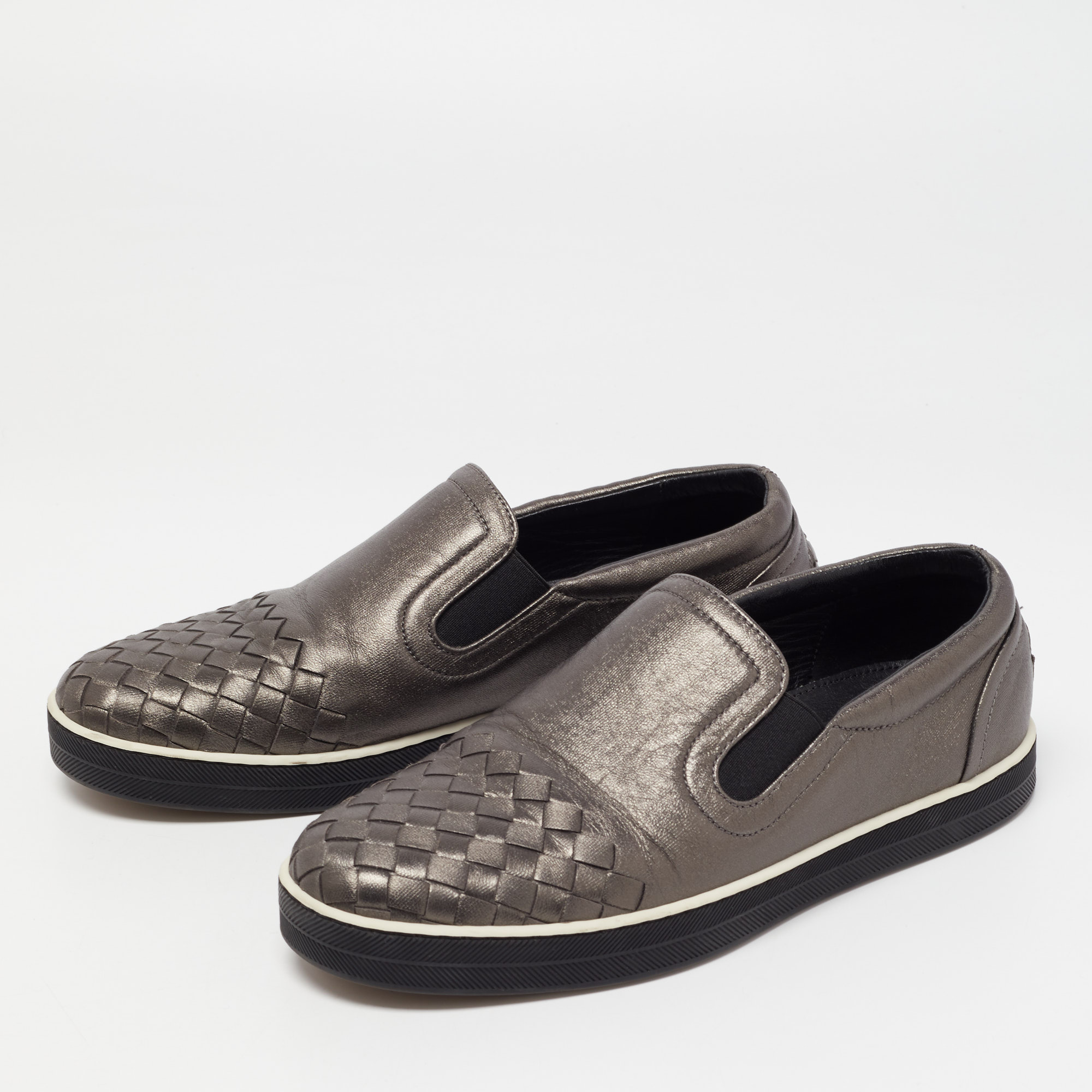 

Bottega Veneta Metallic Grey Intrecciato Leather Slip On Sneakers Size
