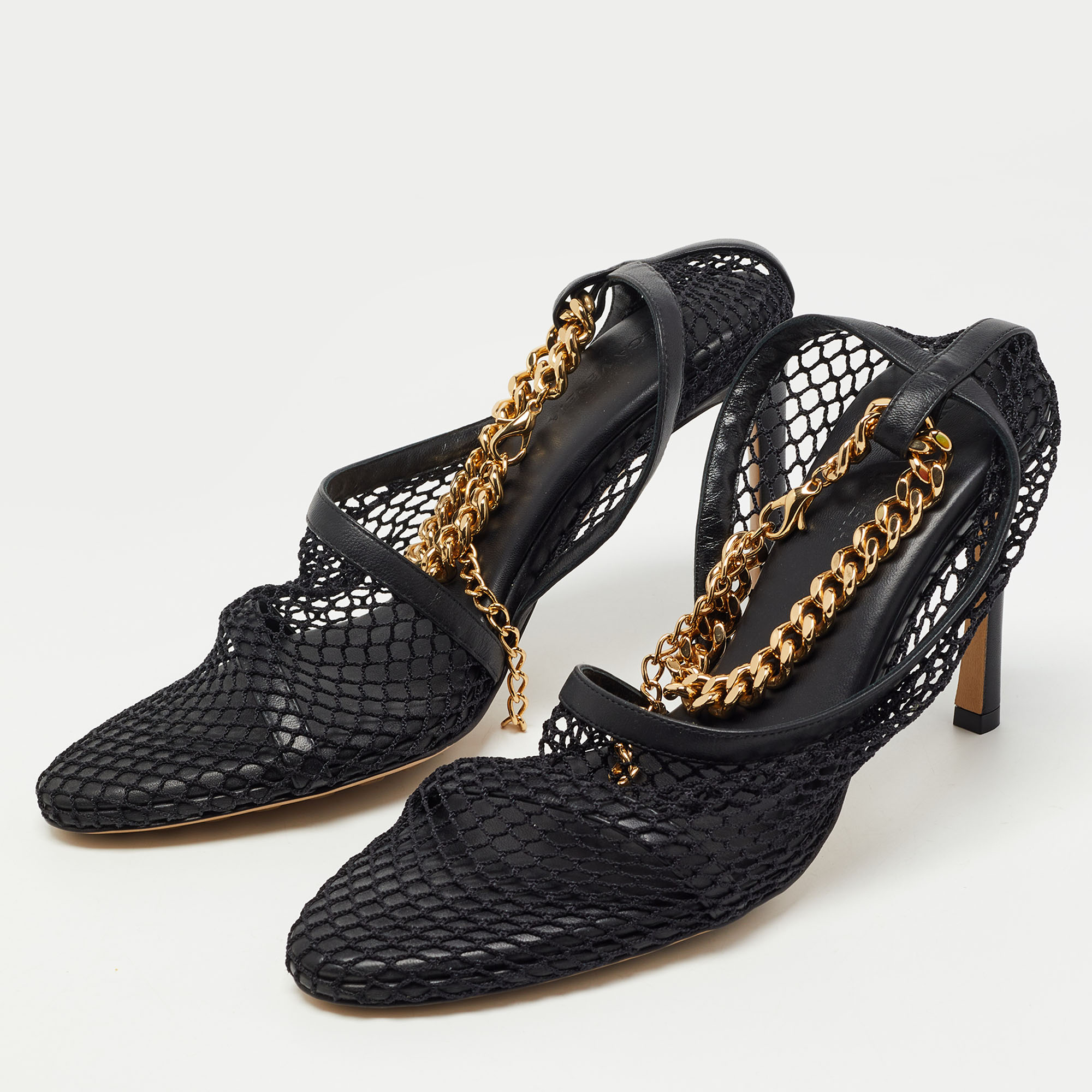 

Bottega Veneta Black Mesh and Leather Trims Chain Embellished Ankle Strap Cuff Pumps Size