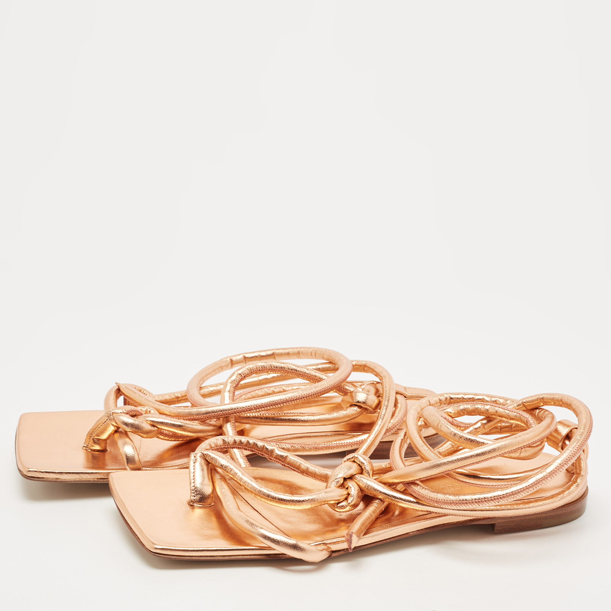 

Bottega Veneta Metallic Rose Gold Leather Ankle Tie Flats Size