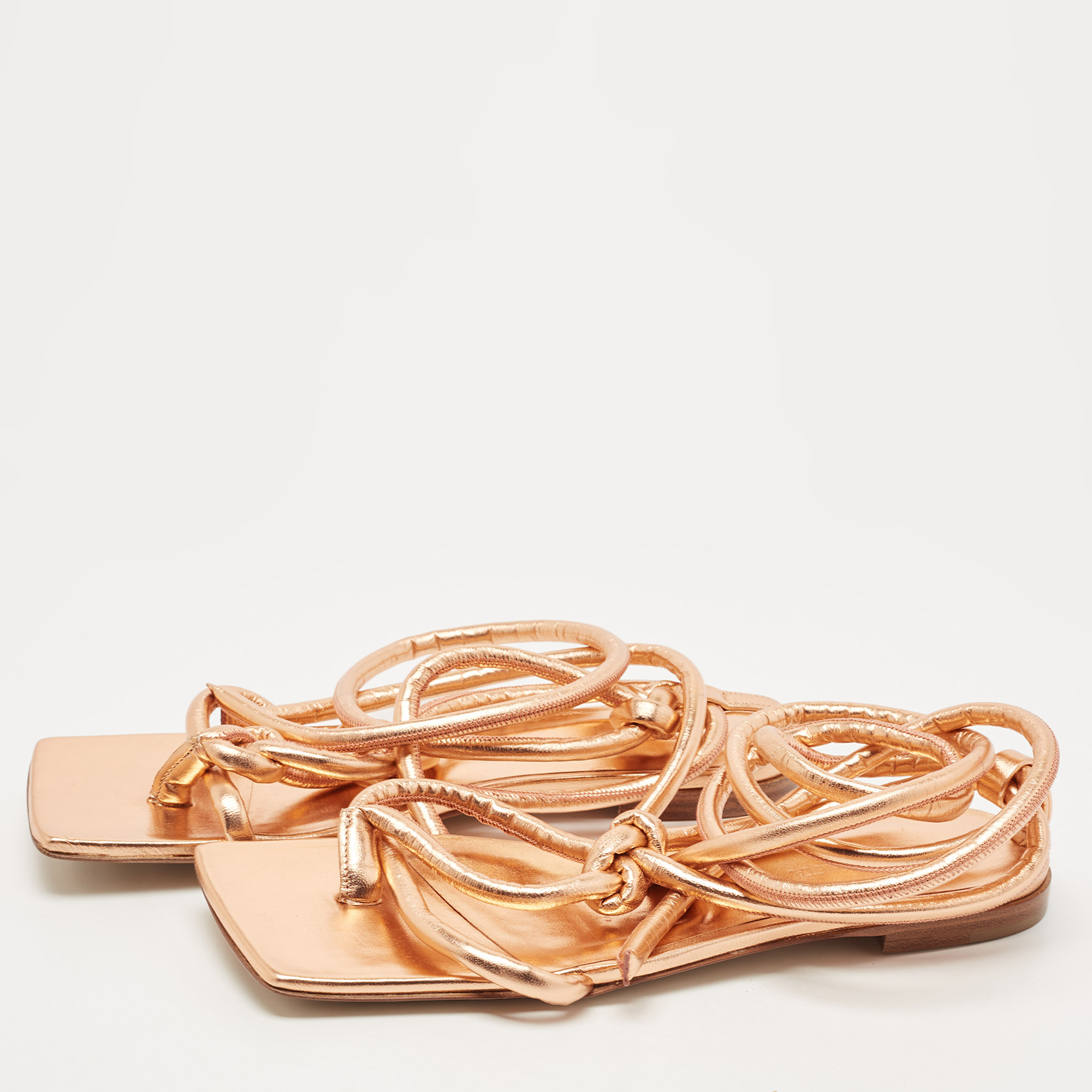 

Bottega Veneta Metallic Rose Gold Leather Ankle Tie Flats Size