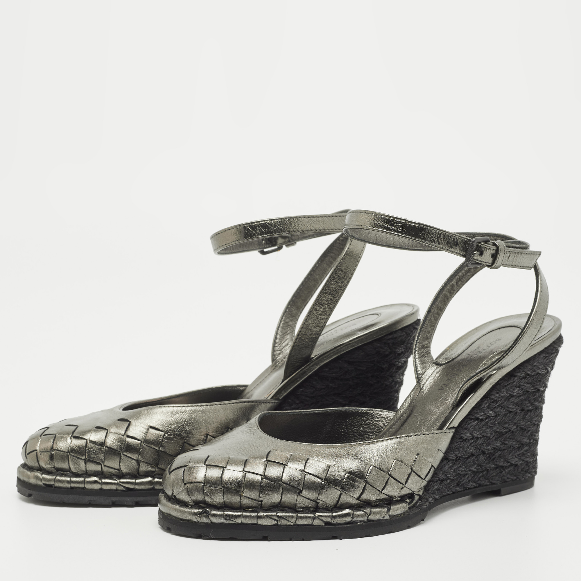 

Bottega Veneta Metallic Intrecciato Leather Espadrille Wedge Ankle Strap Sandals Size