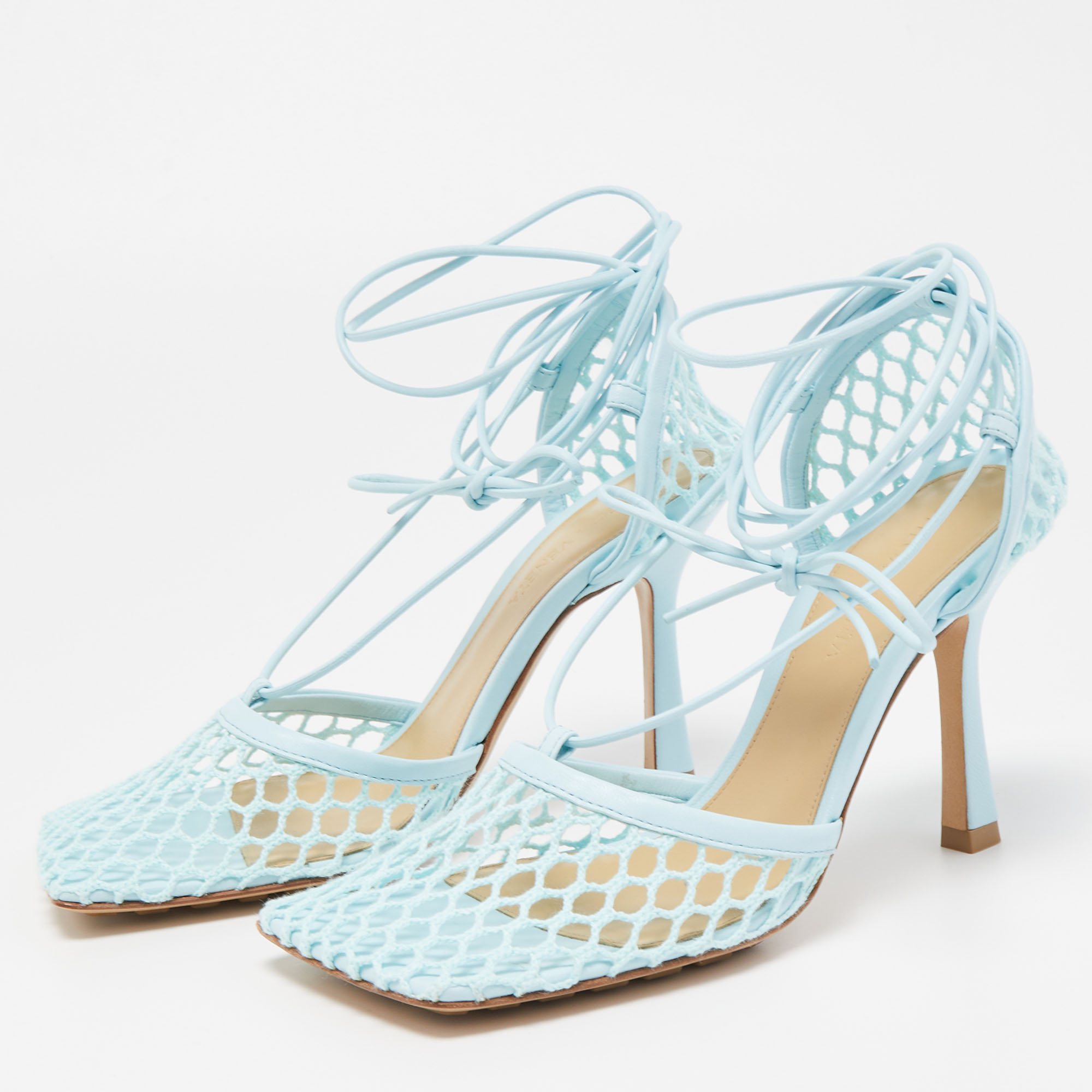 

Bottega Veneta Blue Mesh and Leather Ankle Wrap Pumps Size