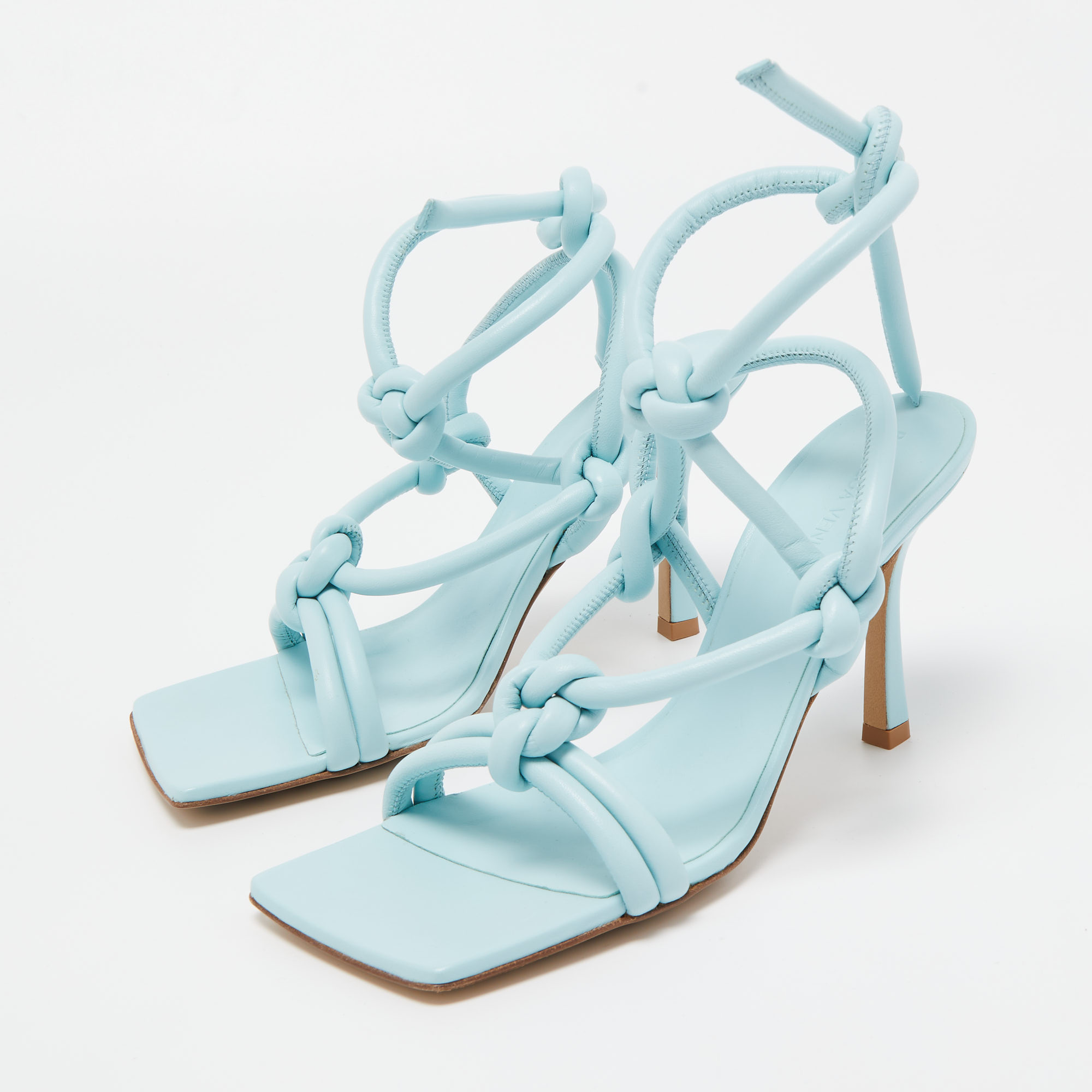 

Bottega Veneta Light Blue Knotted Leather Slingback Ankle Tie Sandals Size