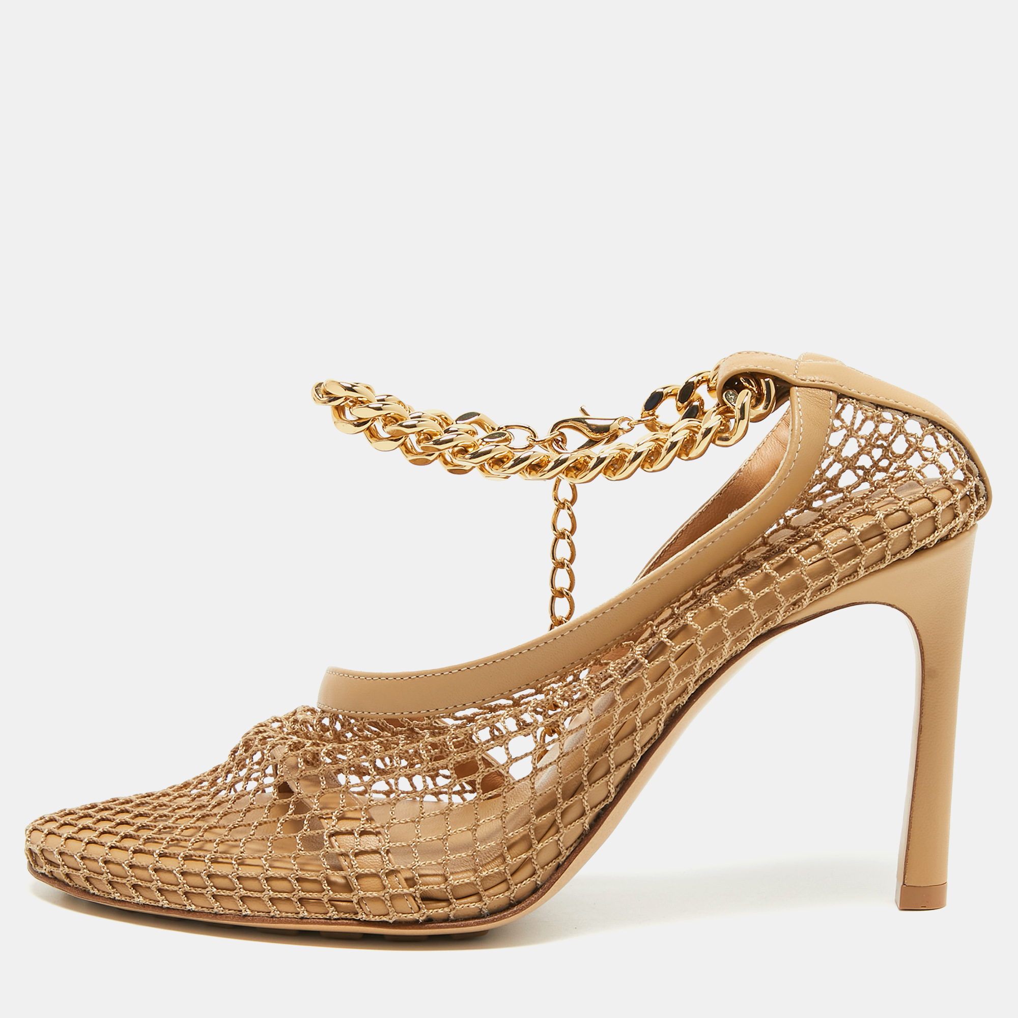 

Bottega Veneta Beige Mesh and Leather Chain Ankle Strap D'orsay Pumps Size