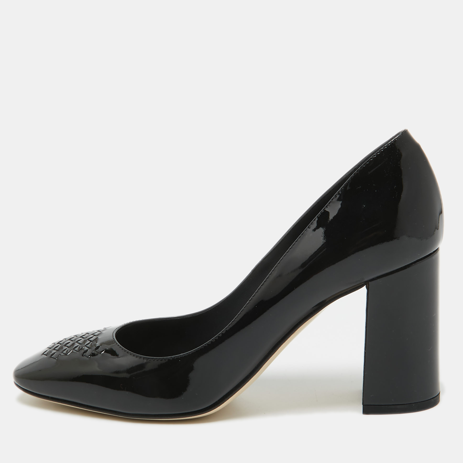 

Bottega Veneta Black Patent Leather Intrecciato Detail Block Heel Pumps Size
