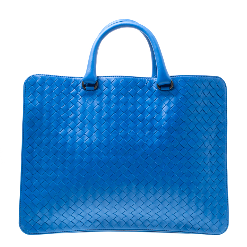 Pre Owned Bottega Veneta Blue Intrecciato Leather Flat Briefcase