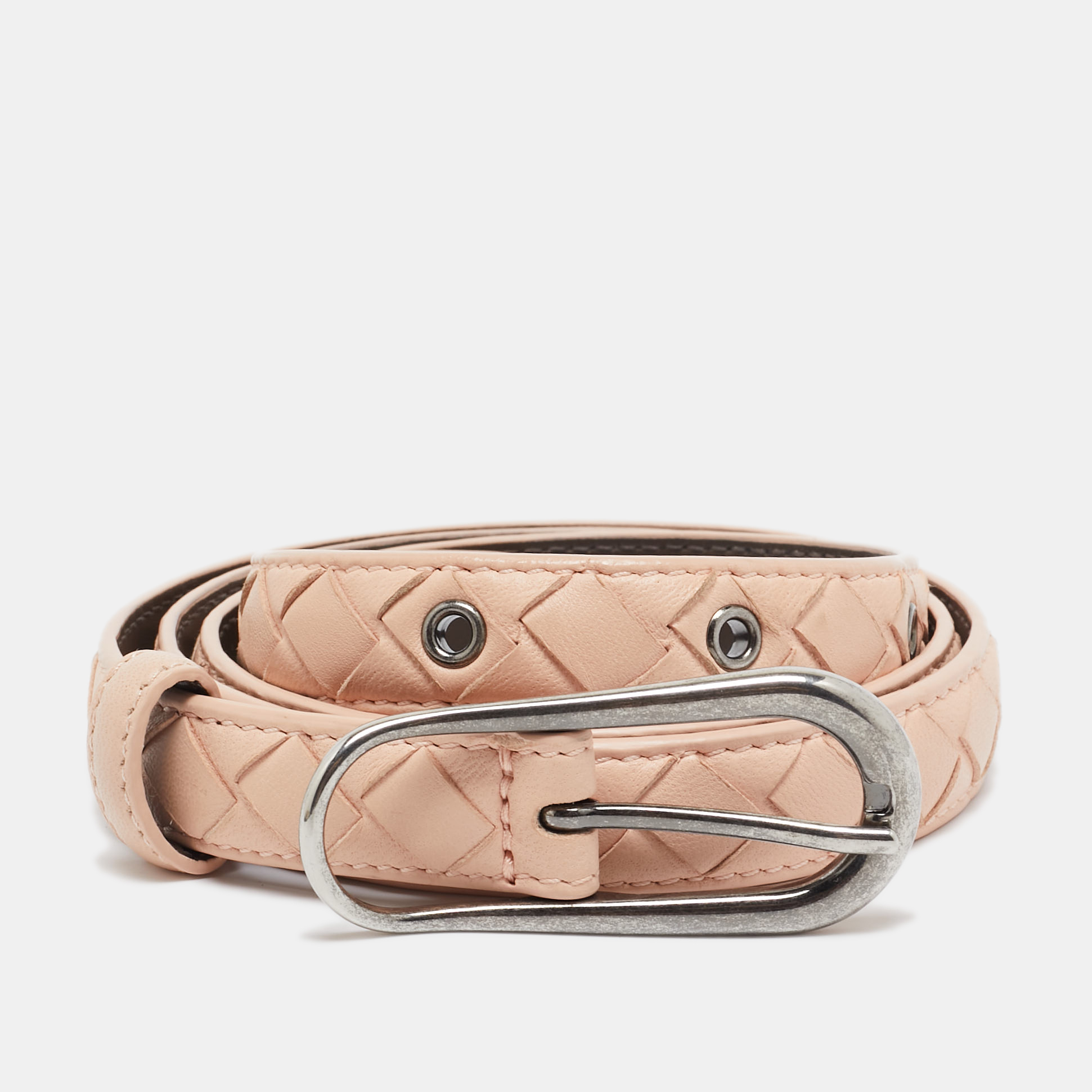 

Bottega Veneta Peach Intrecciato Leather Slim Buckle Belt, Orange