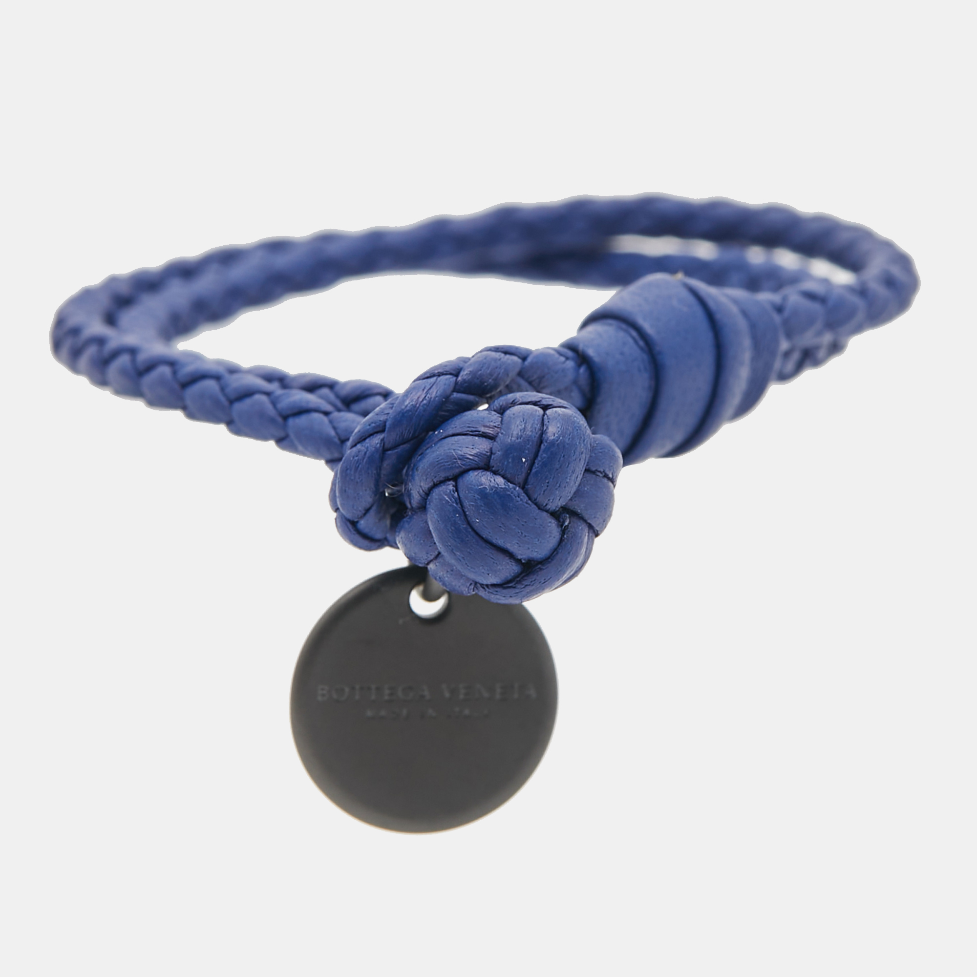 

Bottega Veneta Blue Intrecciato Leather Gunmetal Tone Bracelet