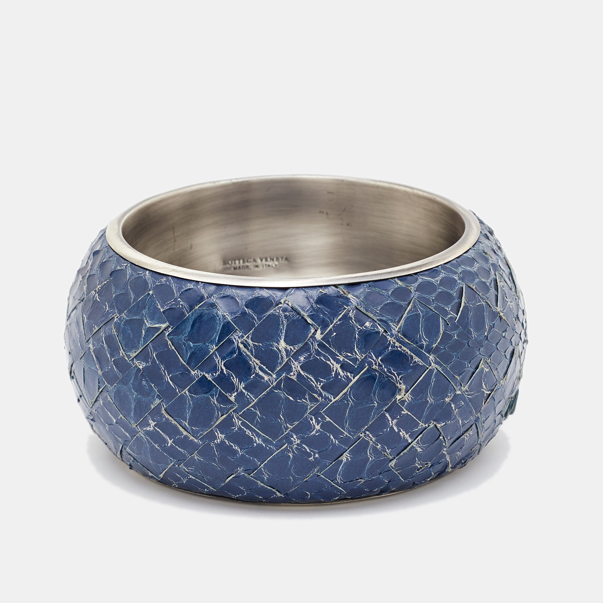 

Bottega Veneta Blue Snakeskin Leather Sterling Silver Bangle Bracelet