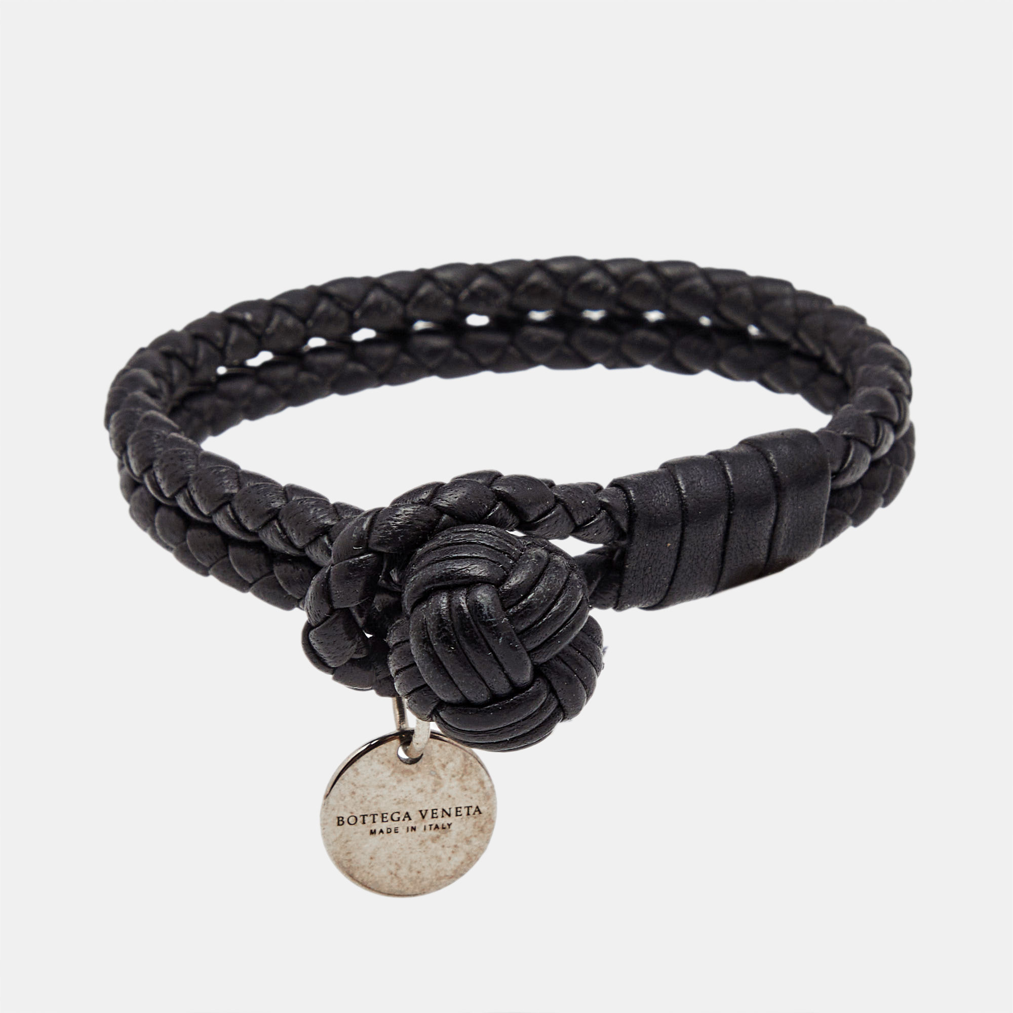 

Bottega Veneta Black Intrecciato Leather Silver Tone Knot Bracelet