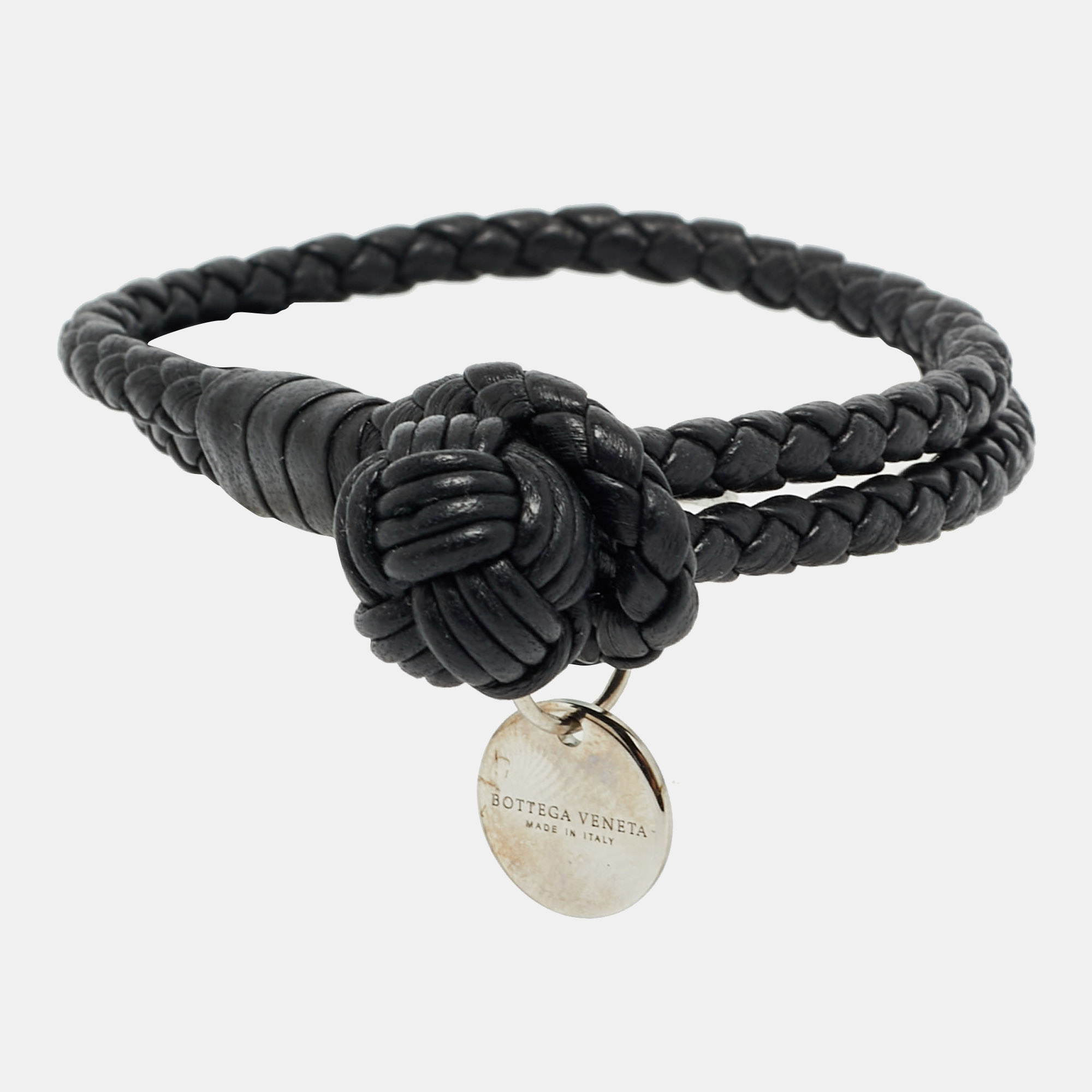 

Bottega Veneta Black Intrecciato Leather Silver Tone Knot Bracelet