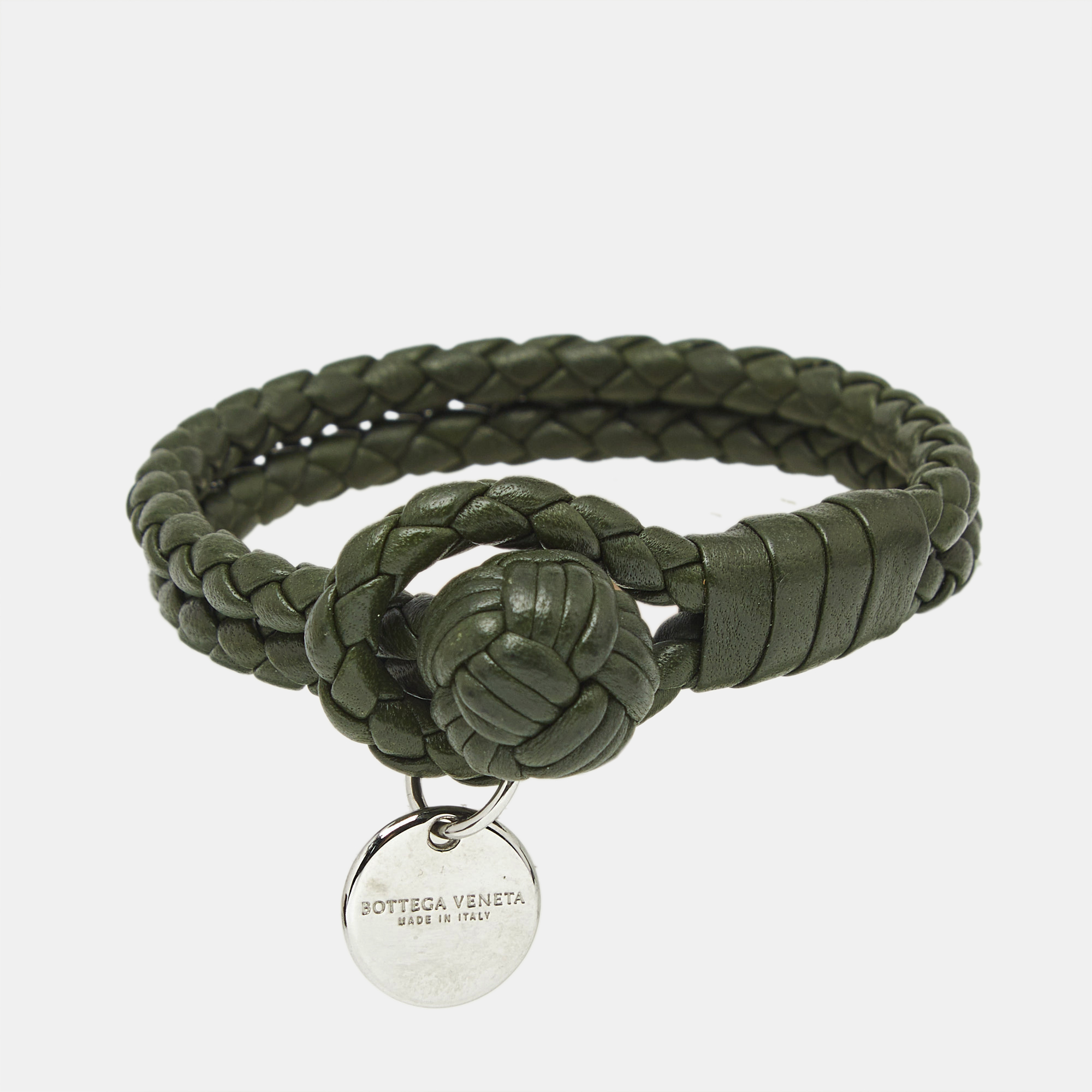 Pre-owned Bottega Veneta Intrecciato Leather Silver Tone Knot Bracelet