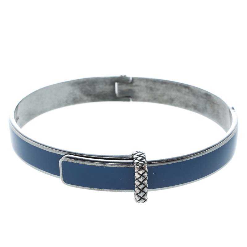Bottega Veneta Intrecciato Blue Enamel Oxidized Silver Narrow Bracelet S