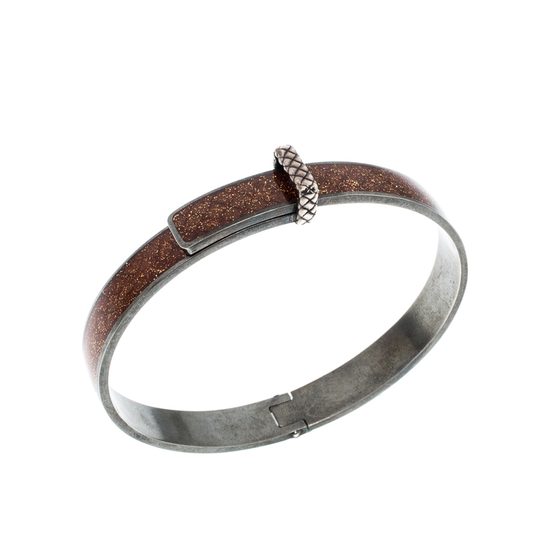 

Bottega Veneta Intrecciato Brown Glitter Oxidized Silver Narrow Bracelet