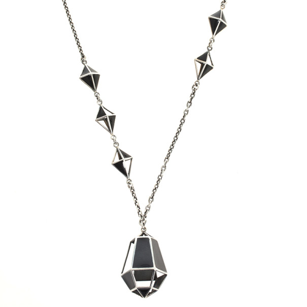 Pre Owned Bottega Veneta Nero Geometrie Enameled Antique Silver Pendant
