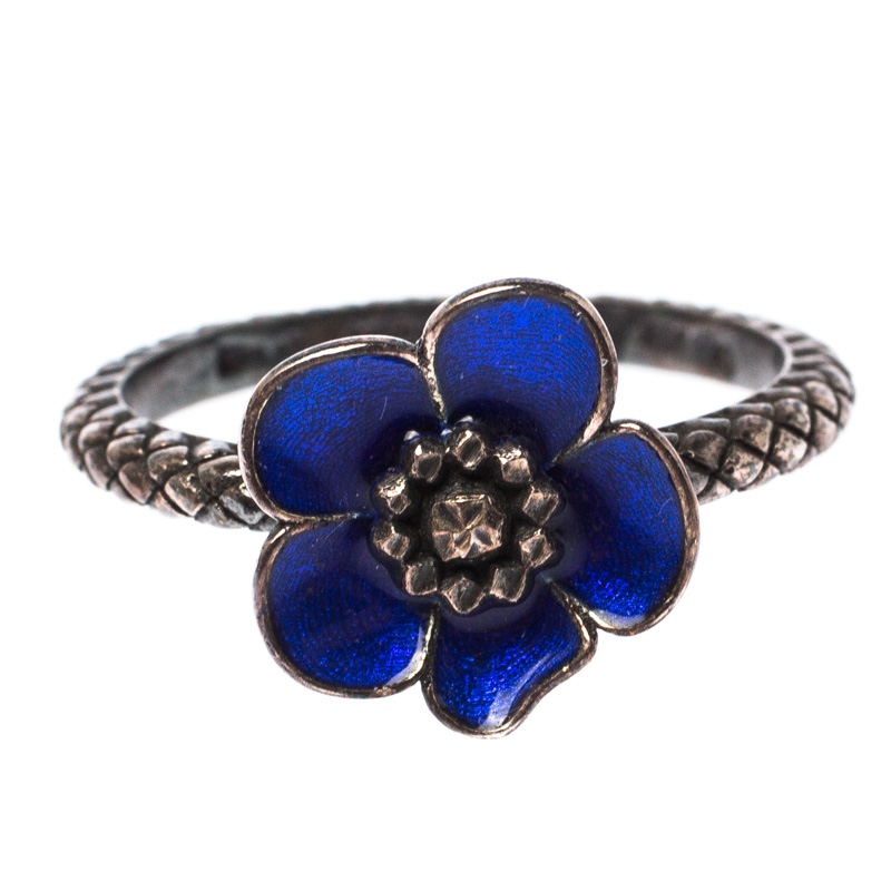 

Bottega Veneta Blue Enamel Silver Flower Ring Size