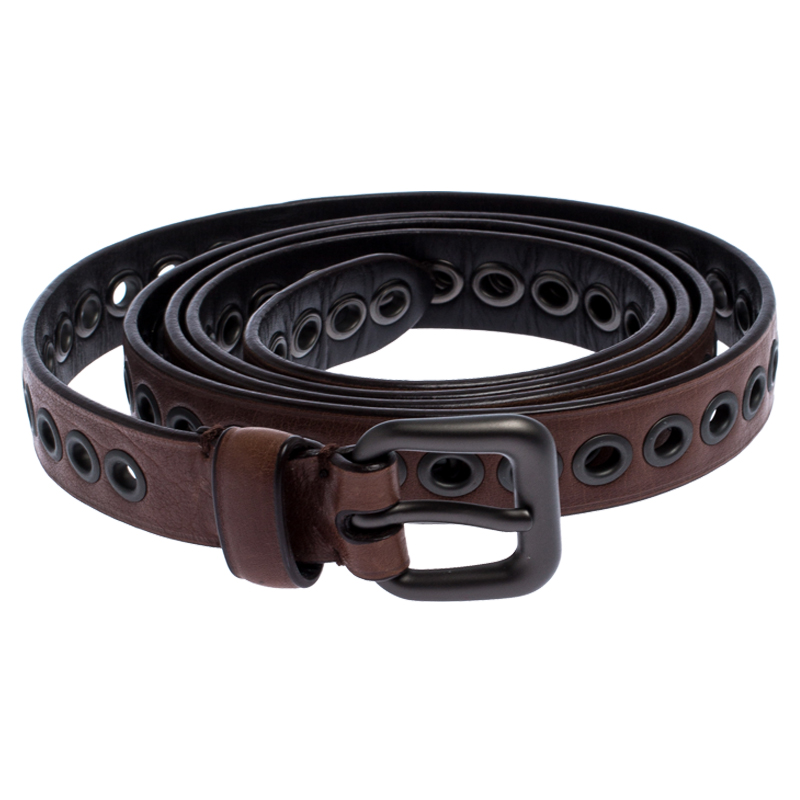 

Bottega Veneta Brown Eyelet Leather Double Wrap Buckle Belt