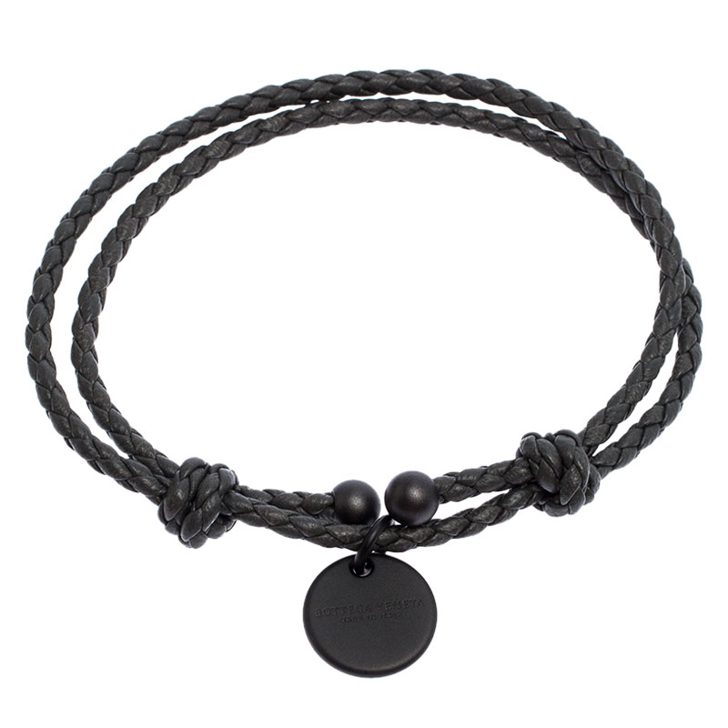 

Bottega Veneta Dark Grey Intrecciato Leather Double Band Bracelet