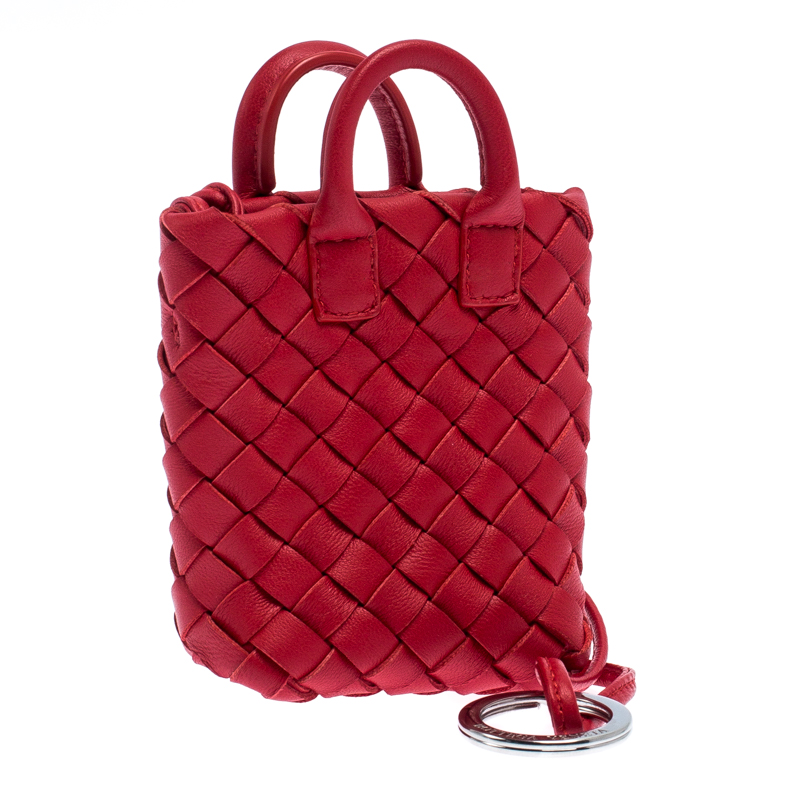 New With Tag AUTHENTIC Bottega Veneta Micro Tote Bag Charm Intrecciato Red